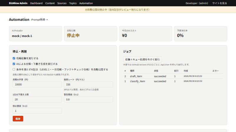 管理画面の自動化設定。AIの自動公開を止めたり、月の予算を円で設定したりできる