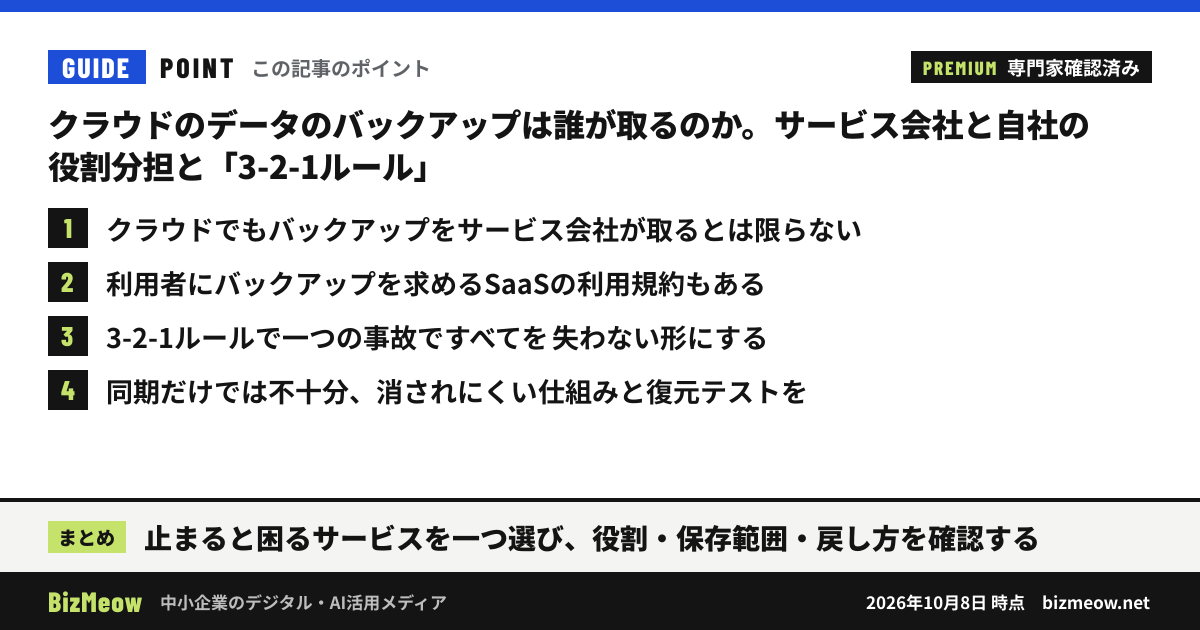 「クラウドのデータのバックアップは誰が取るのか。サービス会社と自社の役割分担と「3-2-1ルール」」の要点:1. クラウドでもバックアップをサービス会社が取るとは限らない 2. 利用者にバックアップを求めるSaaSの利用規約もある 3. 3-2-1ルールで一つの事故ですべてを失わない形にする 4. 同期だけでは不十分、消されにくい仕組みと復元テストを まとめ:止まると困るサービスを一つ選び、役割・保存範囲・戻し方を確認する